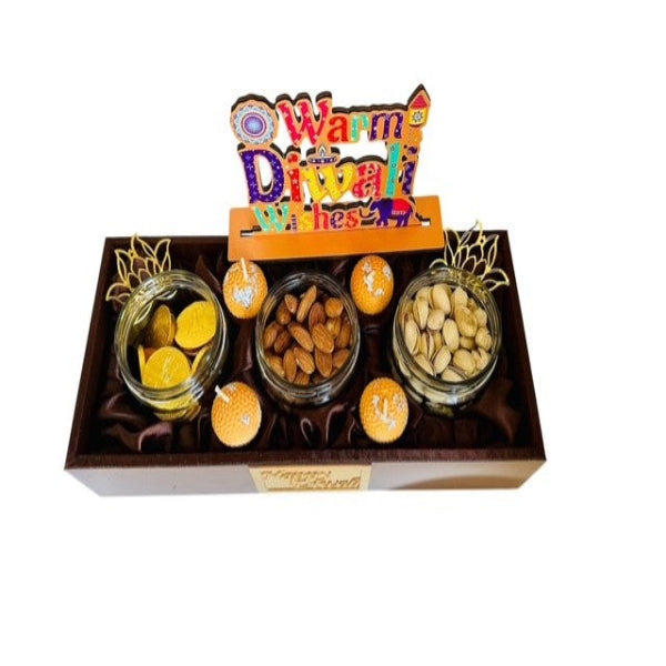 Gourmet gift set with nuts and candies on a white background, featuring 'Warm Wishes' text.