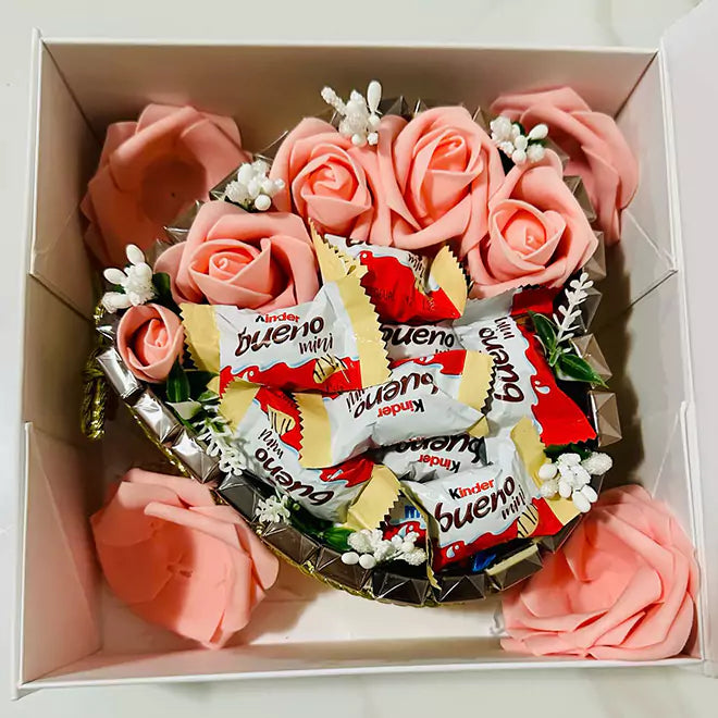Heart Shaped Chocolate and Flower Arrangement in a Cake Box