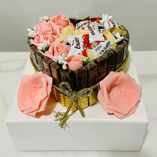 Heart Shaped Chocolate and Flower Arrangement in a Cake Box